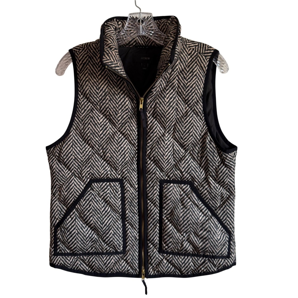 J.Crew Herringbone‎ Excursion Puffer Vest Black Cream Down Fill 93111 Womens M
